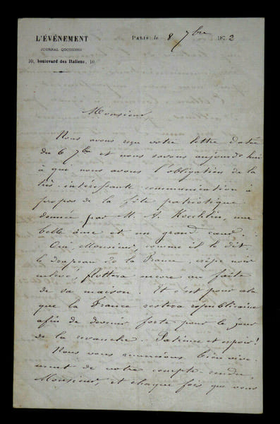 &Eacute;mile RICHEBOURG - LETTRE AUTOGRAPHE SIGN&Eacute;E, Paris, 1872. &Eacute;mile Richebourg