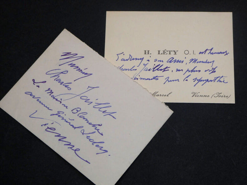 Hippolyte L&eacute;ty - Carte de visite autographe de remerciements &agrave; Charles Jaillet. Hippolyte L&eacute;ty