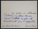Hippolyte L&eacute;ty - Carte de visite autographe de remerciements &agrave; Charles Jaillet. Hippolyte L&eacute;ty