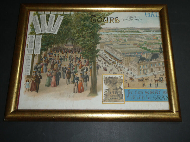Gravure , Tours fin 1800 Publicit&eacute; Grand Bazar, Hotel de ville encadr&eacute;, sous verre.. 
