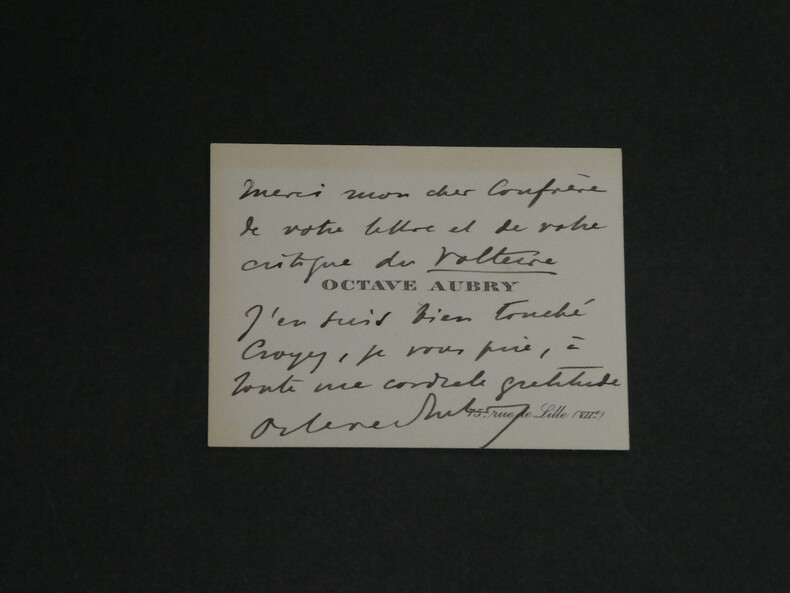 Octave AUBRY - CARTE DE VISITE AUTOGRAPHE SIGN&Eacute;E &Agrave; Pierre LHOSTE. Octave AUBRY