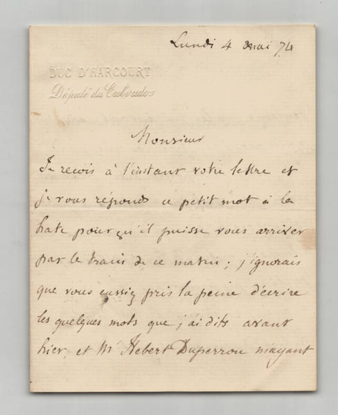 Duc d'Harcourt , d&eacute;put&eacute; du Calvados - Lettre autographe sign&eacute;e - 1874. Duc d'Harcourt, d&eacute;put&eacute; du Calvados