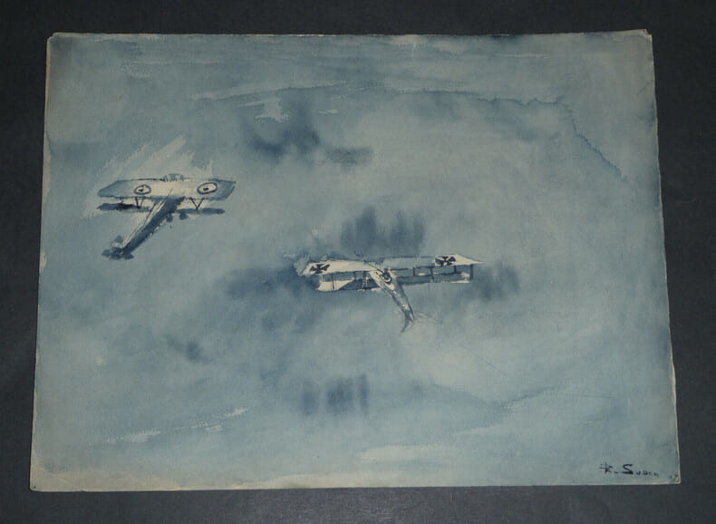Aquarelle d'&eacute;poque sign&eacute;e d'un combat a&eacute;rien - GUERRE 14/18. 