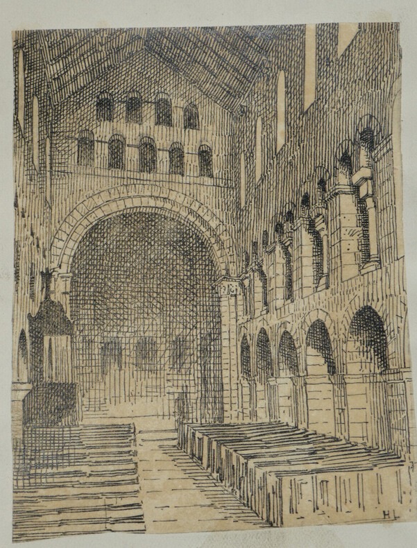 Vue int&eacute;rieure de l'&eacute;glise de Vignory (H.-M.), XIe si&egrave;cle. Dessin original sign&eacute; de ses initiales. Louis Henri Laffill&eacute;e