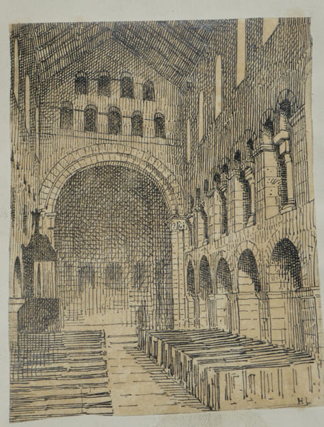 Vue int&eacute;rieure de l'&eacute;glise de Vignory (H.-M.), XIe si&egrave;cle. Dessin original sign&eacute; de ses initiales. Louis Henri Laffill&eacute;e