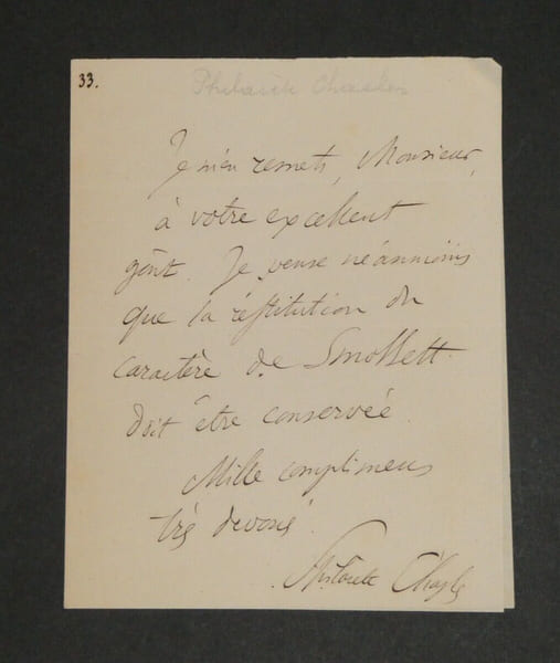 Philar&egrave;te CHASLES - LETTRE AUTOGRAPHE SIGN&Eacute;E, Conservation Smollett. Philar&egrave;te Chasles