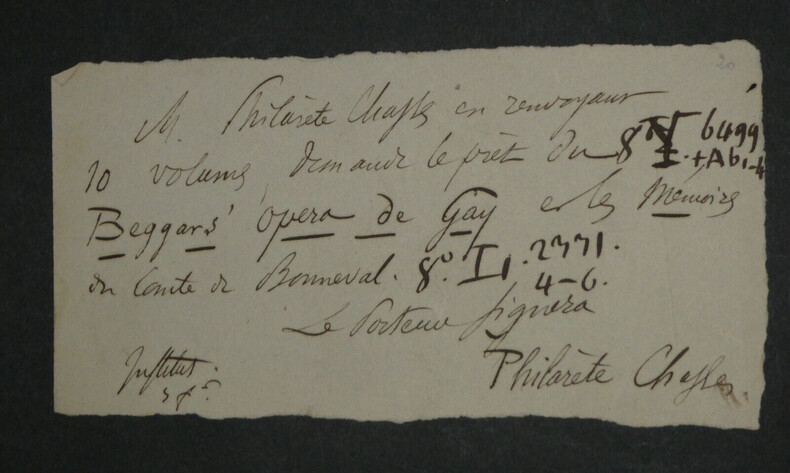 Philar&egrave;te Chasles - LETTRE AUTOGRAPHE SIGN&Eacute;E, emprunt de livre. Philar&egrave;te Chasles