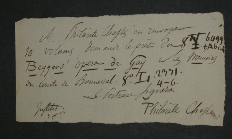Philar&egrave;te Chasles - LETTRE AUTOGRAPHE SIGN&Eacute;E, emprunt de livre. Philar&egrave;te Chasles