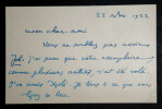 BAUMANN Emile - CARTE AUTOGRAPHE SIGN&Eacute;E &Agrave; ARTUS Louis, 22 novembre 1922. Emile Baumann