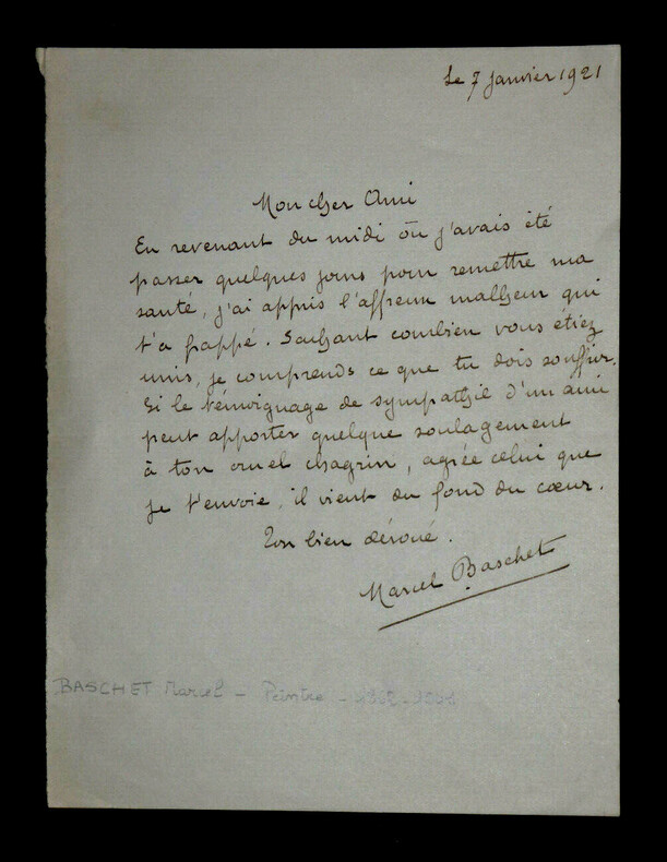 LETTRE AUTOGRAPHE SIGN&Eacute;E, 7 janvier 1921. Marcel Baschet