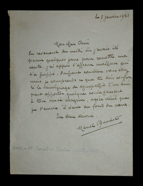 LETTRE AUTOGRAPHE SIGN&Eacute;E, 7 janvier 1921. Marcel Baschet