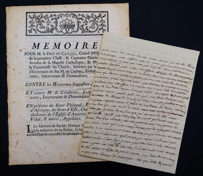 Lettre autographe sign&eacute;e du Duc de Caylus, 9 septembre 1773, avec livret m&eacute;moire de 16 pages. Le Duc de Caylus