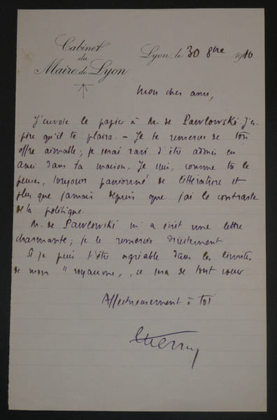 &Eacute;douard HERRIOT, Homme d'Etat - LETTRE AUTOGRAPHE SIGN&Eacute;E 1910 LYON. &Eacute;douard HERRIOT