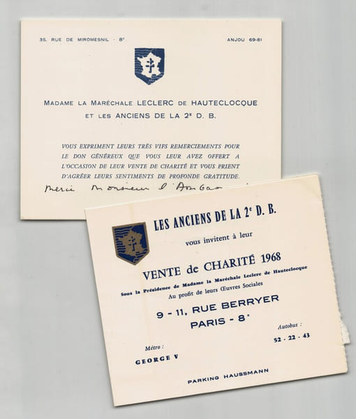 Mar&eacute;chale LECLERC de HAUTECLOCQUE Invitation et LAS Vente Charit&eacute; BLONDEL 1968. Th&eacute;r&egrave;se de Gargan, Mar&eacute;chale Leclerc de Hauteclocque