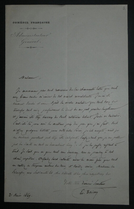 &Eacute;douard THIERRY - Lettre autographe sign&eacute;e, Com&eacute;die Fran&ccedil;aise, 21 avril 1869. &Eacute;douard THIERRY