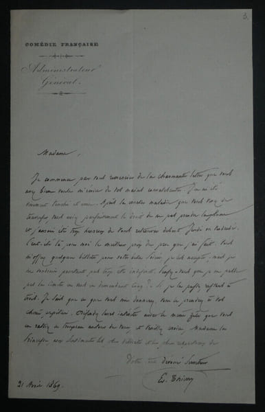 &Eacute;douard THIERRY - Lettre autographe sign&eacute;e, Com&eacute;die Fran&ccedil;aise, 21 avril 1869. &Eacute;douard THIERRY