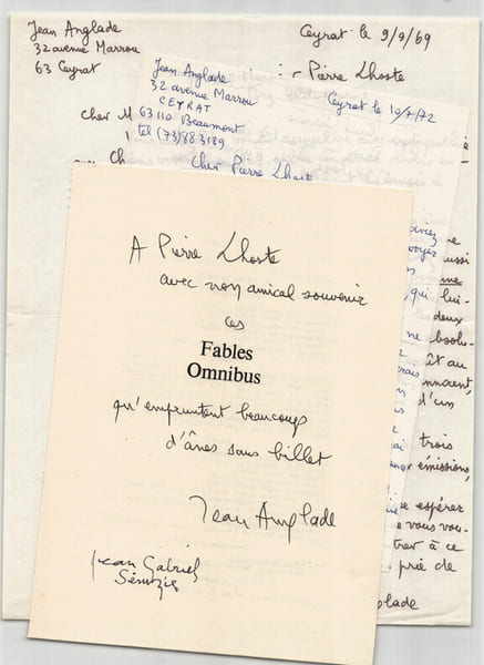 Jean Anglade 2 L.A.S + envoi A.S page de titre FABLES OMNIBUS J.G. Seruzier. Jean Anglade & Jean-Gabriel Seruzier