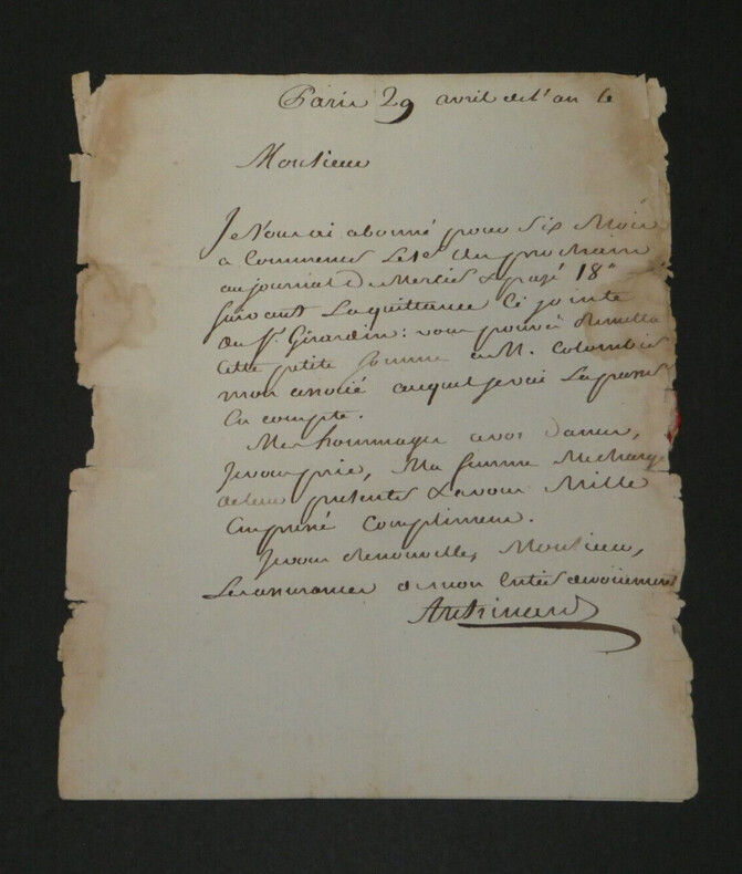 Jean-Pierre Archinard - Lettre autographe sign&eacute;e adress&eacute;e &agrave; Mr Jossand - 1792. Jean-Pierre Archinard