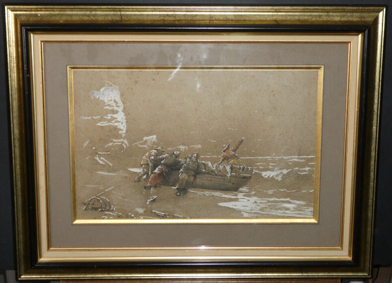 Aquarelle encadr&eacute;e - D&eacute;part de p&ecirc;che - Georges Jean-Marie HAQUETTE. Georges Jean-Marie Haquette