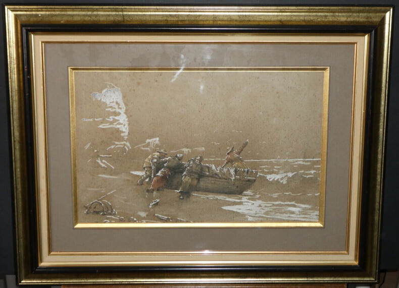 Aquarelle encadr&eacute;e - D&eacute;part de p&ecirc;che - Georges Jean-Marie HAQUETTE. Georges Jean-Marie Haquette