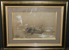Aquarelle encadr&eacute;e - D&eacute;part de p&ecirc;che - Georges Jean-Marie HAQUETTE. Georges Jean-Marie Haquette