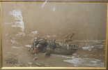 Aquarelle encadr&eacute;e - D&eacute;part de p&ecirc;che - Georges Jean-Marie HAQUETTE. Georges Jean-Marie Haquette