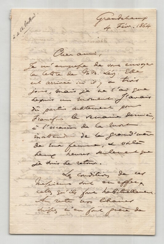 F&eacute;lix Bovet – Longue lettre autographe sign&eacute;e &agrave; Ch. Berthoud - 4 pages, 1864. F&eacute;lix Bovet