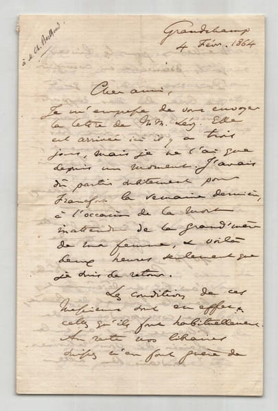 F&eacute;lix Bovet – Longue lettre autographe sign&eacute;e &agrave; Ch. Berthoud - 4 pages, 1864. F&eacute;lix Bovet