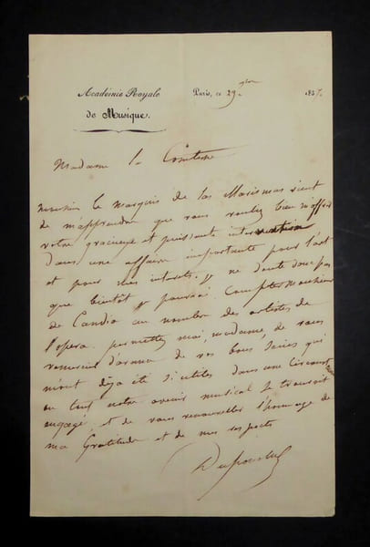 DUPONCHEL Henri - LETTRE AUTOGRAPHE SIGN&Eacute;E, ACAD&Eacute;MIE ROYALE MUSIQUE, PARIS, 1837. Henri Duponchel