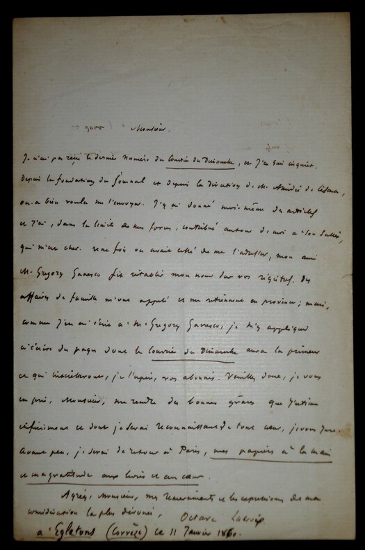 LETTRE AUTOGRAPHE SIGN&Eacute;E, EGLETONS, CORR&Egrave;ZE, 1860. Lacroix de Crespel, Octave