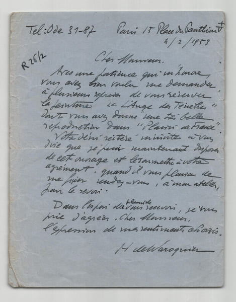 Henry de Waroquier - Lettre autographe sign&eacute;e &agrave; Olivier Qu&eacute;ant - 1953. Henry de Waroquier