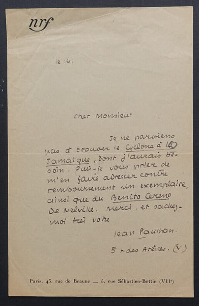 Jean PAULHAN, G&eacute;rant de la Nouvelle Revue Fran&ccedil;aise, LETTRE AUTOGRAPHE SIGN&Eacute;E. Jean PAULHAN