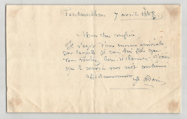 Juliette Adam - Billet autographe sign&eacute; - Fontainebleau 1882. Juliette Adam