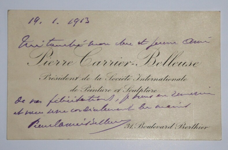 CARRIER BELLEUSE Pierre - CARTE DE VISITE SIGN&Eacute;E, SOCI&Eacute;T&Eacute; PEINTURE, 1913. Pierre Carrier-Belleuse