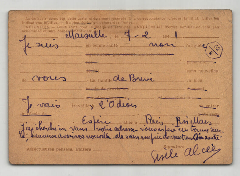Gis&egrave;le Alc&eacute;e. Carte militaire &agrave; Pierre Lhoste. Occupation Paris Marseille, 1941. Gis&egrave;le Alc&eacute;e