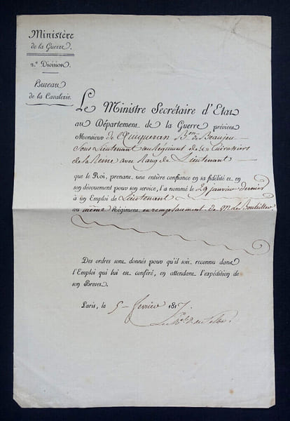 Henri-Jacques-Guillaume CLARKE Ministre de la guerre, LETTRE AVEC SIGNATURE 1817. Henri-Jacques-Guillaume CLARKE