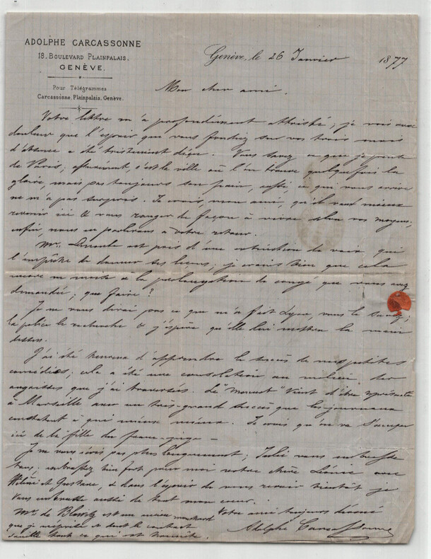 Adolphe Joseph Carcassonne - Lettre autographe sign&eacute;e &agrave; Alphonse Scheler - 1877. Adolphe Joseph Carcassonne