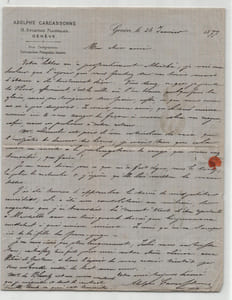 Adolphe Joseph Carcassonne - Lettre autographe signée à Alphonse Scheler - 1877