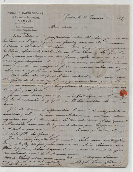 Adolphe Joseph Carcassonne - Lettre autographe sign&eacute;e &agrave; Alphonse Scheler - 1877. Adolphe Joseph Carcassonne
