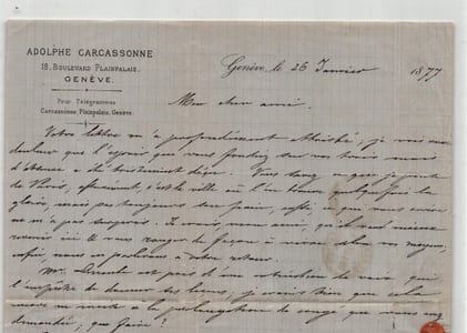 Adolphe Joseph Carcassonne - Lettre autographe signée à Alphonse Scheler - 1877