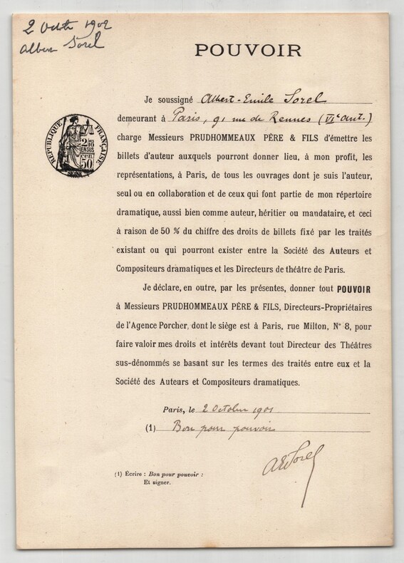 Pouvoir sign&eacute; Albert-&Eacute;mile Sorel – Collection coh&eacute;rente 24 auteurs & musiciens. Albert-&Eacute;mile Sorel