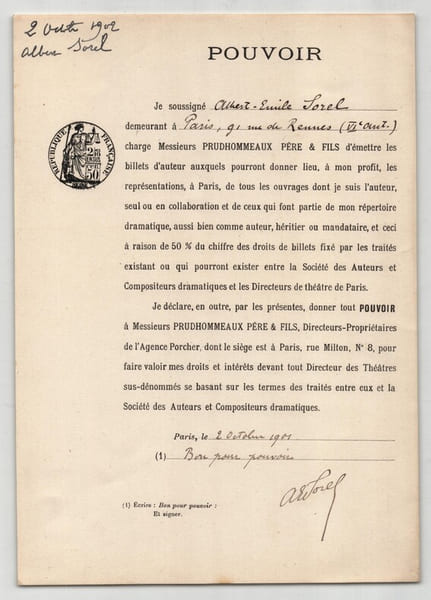 Pouvoir sign&eacute; Albert-&Eacute;mile Sorel – Collection coh&eacute;rente 24 auteurs & musiciens. Albert-&Eacute;mile Sorel