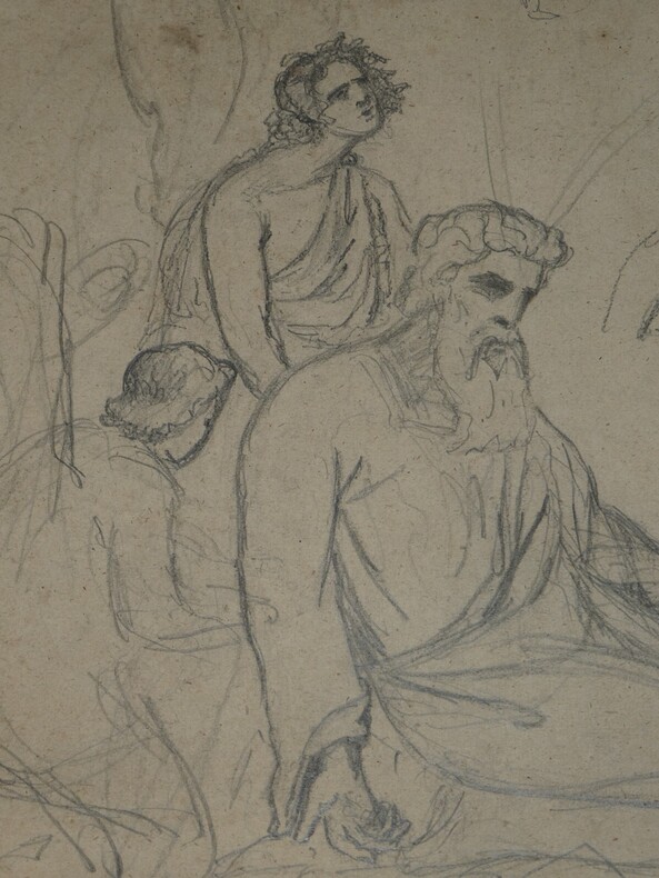 Dessin original au crayon - Sc&egrave;ne m&eacute;ditative avec figures assises, XIX &egrave;me. Anonyme