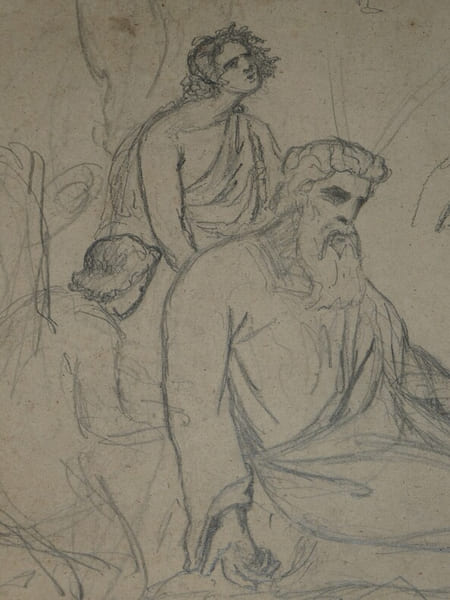 Dessin original au crayon - Sc&egrave;ne m&eacute;ditative avec figures assises, XIX &egrave;me. Anonyme