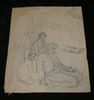 Dessin original au crayon - Sc&egrave;ne m&eacute;ditative avec figures assises, XIX &egrave;me. Anonyme