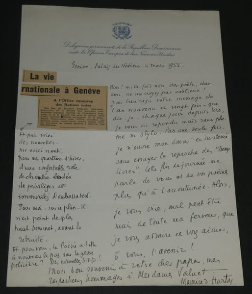 Maurice d'HARTOY Lettre autographe sign&eacute;e 1955 1 page "prose polici&egrave;re". Maurice d'HARTOY