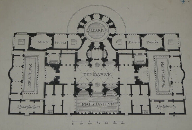 Plan des thermes de Caracalla &agrave; Rome - Dessin original sign&eacute;. Louis Henri Laffill&eacute;e