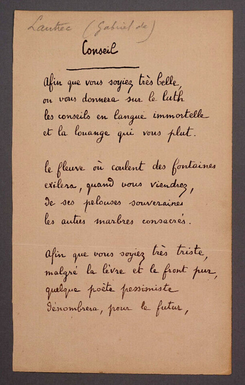 Gabriel DE LAUTREC, Ecrivain - TRES BEAU POEME AUTOGRAPHE SIGN&Eacute; "CONSEIL". Gabriel DE LAUTREC