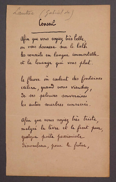 Gabriel DE LAUTREC, Ecrivain - TRES BEAU POEME AUTOGRAPHE SIGN&Eacute; "CONSEIL". Gabriel DE LAUTREC