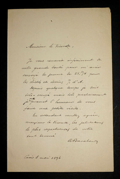LETTRE AUTOGRAPHE SIGN&Eacute;E, Paris, 1896. BARABANDY Richard